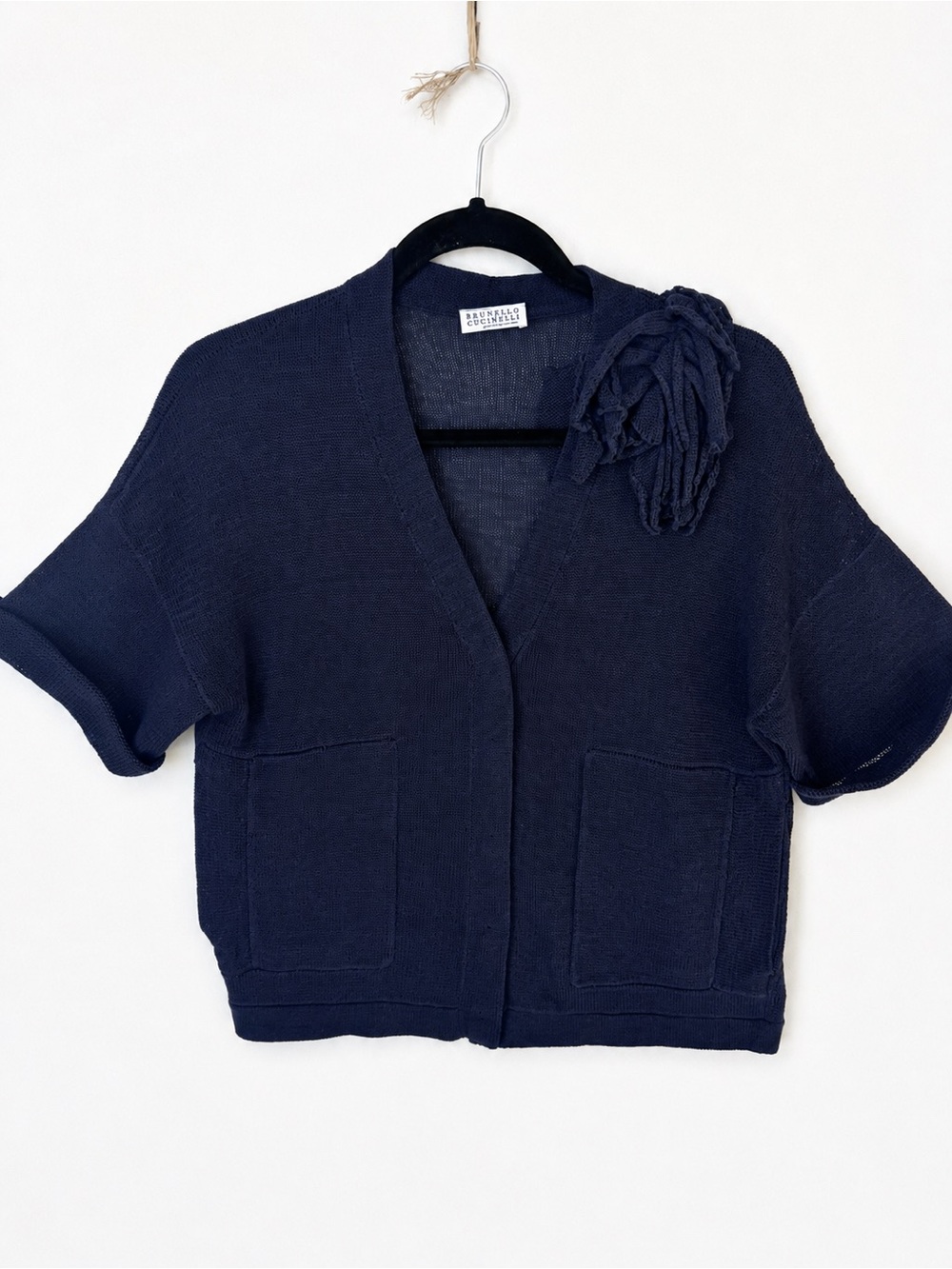 Brunello Cucinelli Navy Short-Sleeve Knit Cardigan with Floral Detail